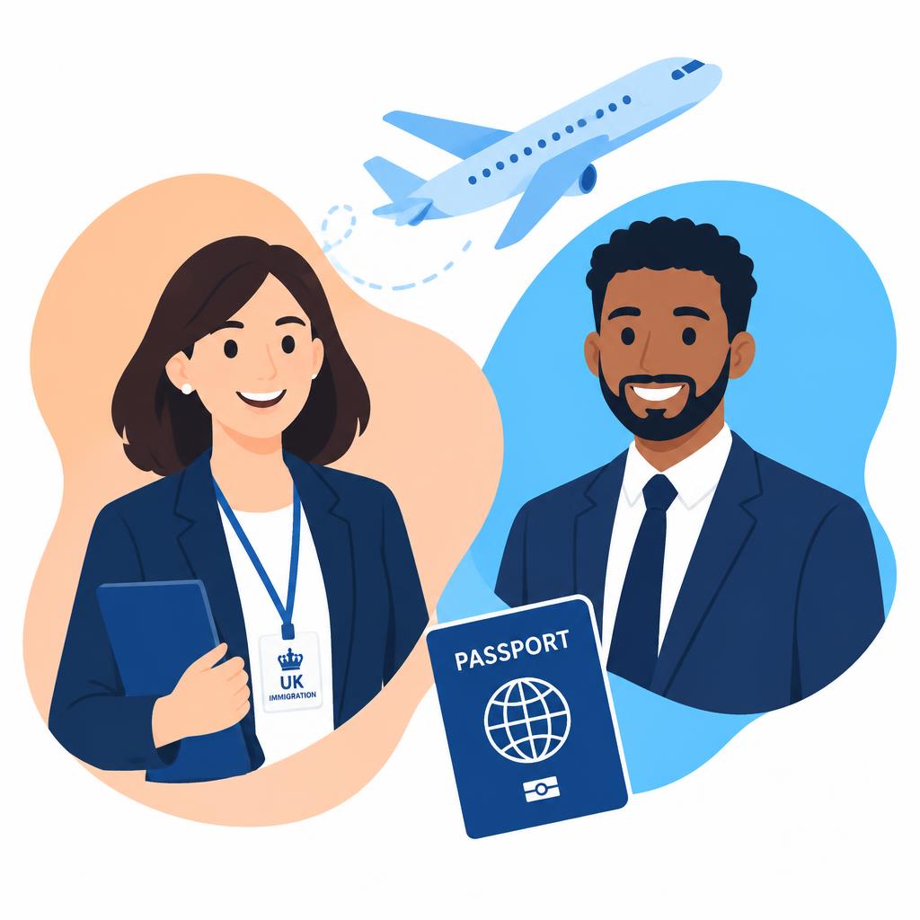 Immigration advisers with a passport and aeroplane